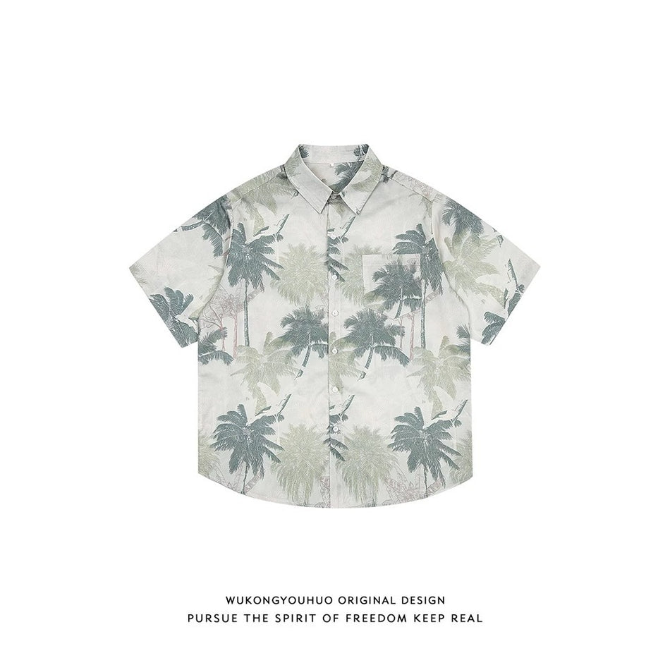 Men’s Plant Print Short Sleeve Shirt Loose Fit Beach Floral Casual Top
