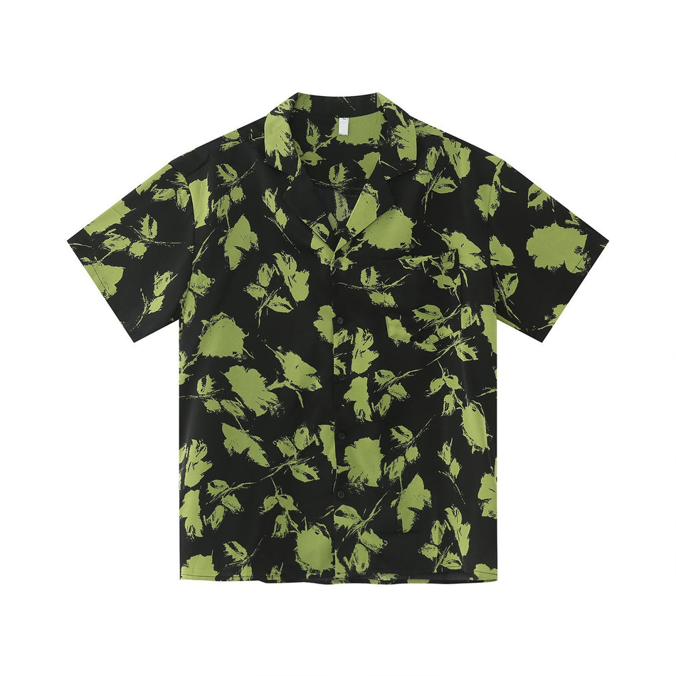 Hawaiian Floral Ice Silk Shirt Men Loose Fit Vacation Short Sleeve