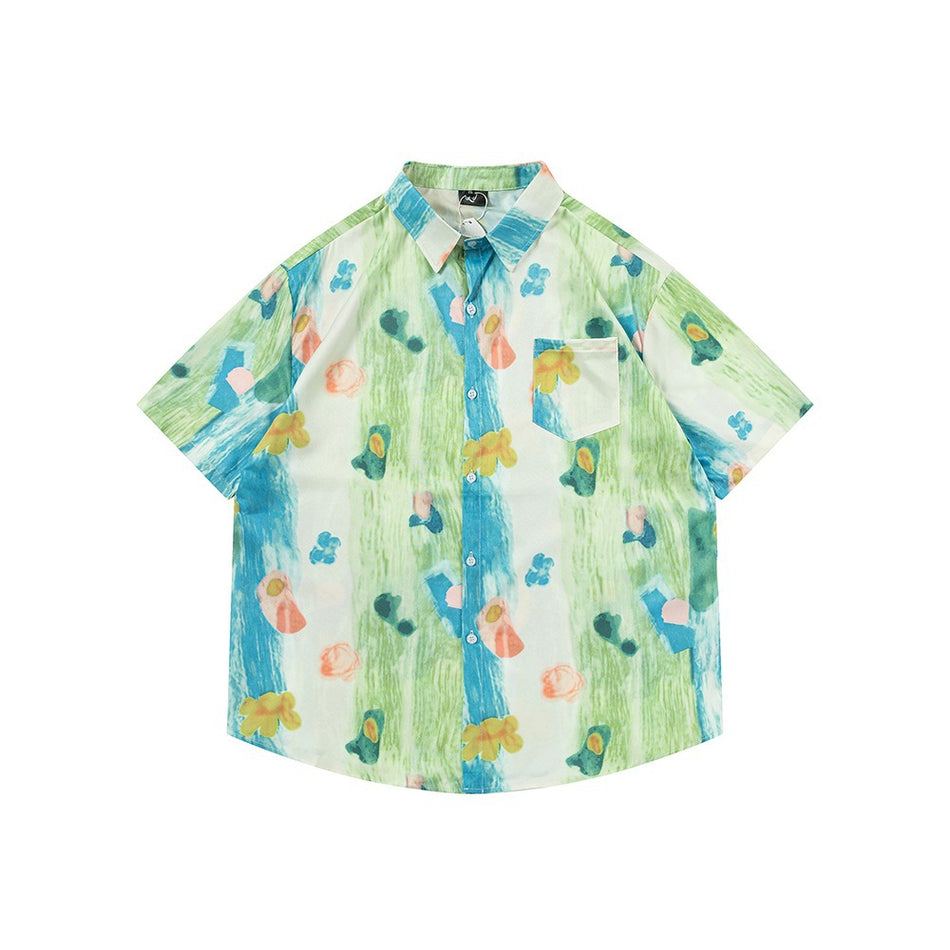 Graffiti Print Cuban Collar Color Block Shirt Men Loose Summer Wear