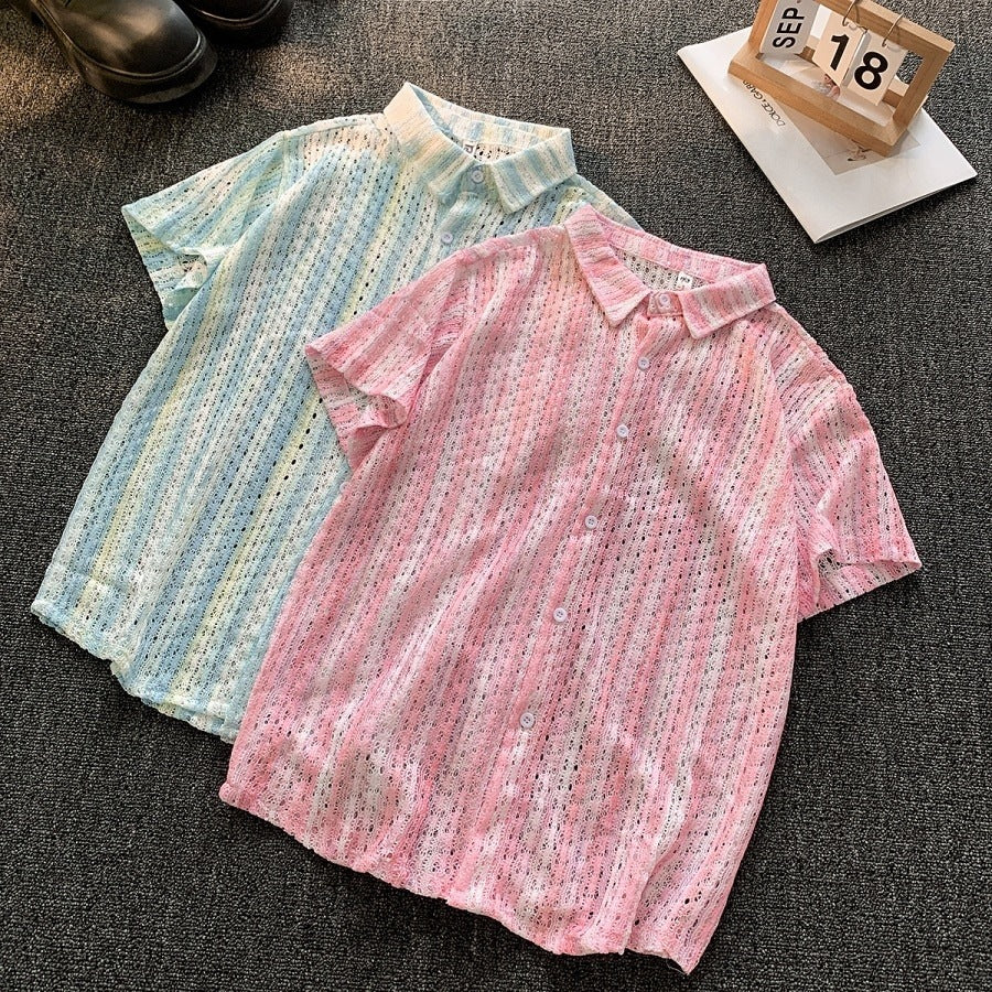 Retro Ethnic Hollow Out Cuban Collar Shirt Men Summer Short Sleeve