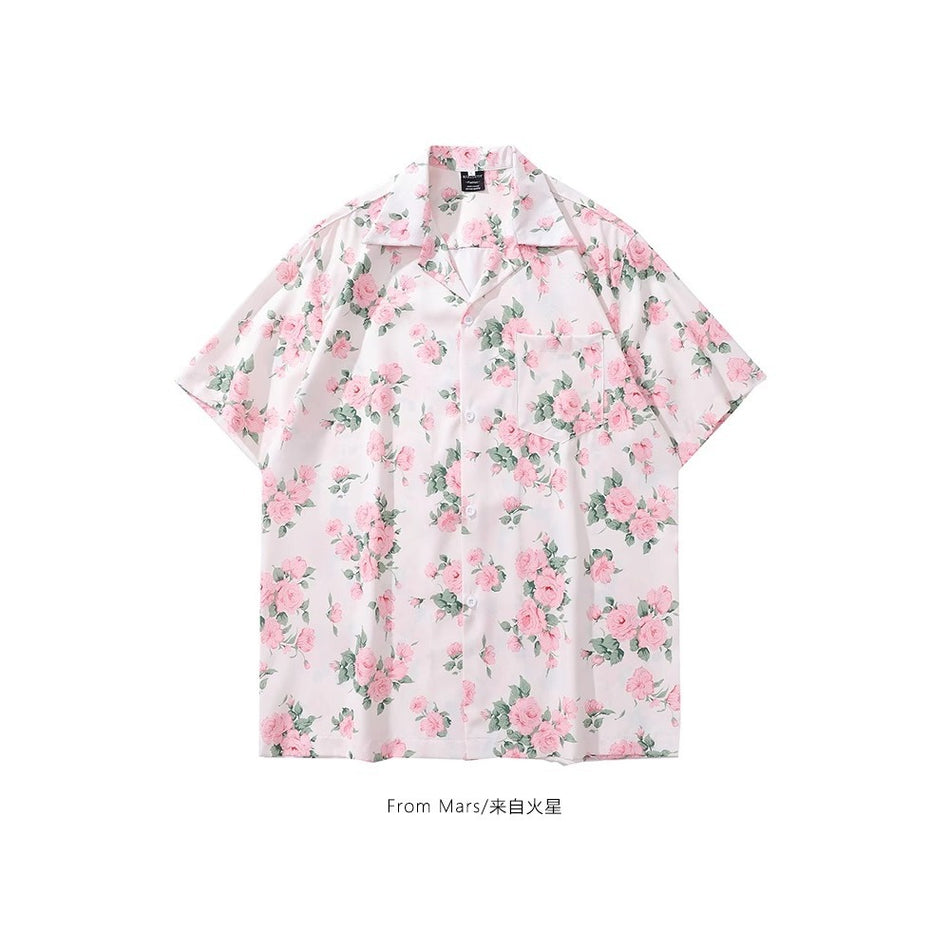 Retro Floral Loose Fit Short Sleeve Shirt Men Women Couple Style