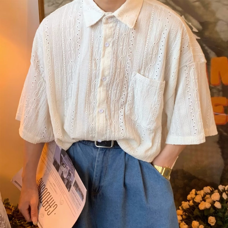 French Retro Hollow Out Long Sleeve Shirt Men Loose Autumn Casual Wear