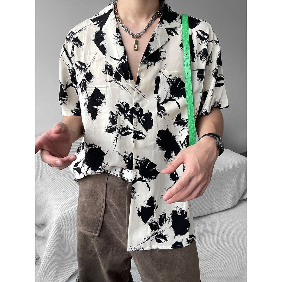 Hawaiian Floral Ice Silk Shirt Men Loose Fit Vacation Casual Wear