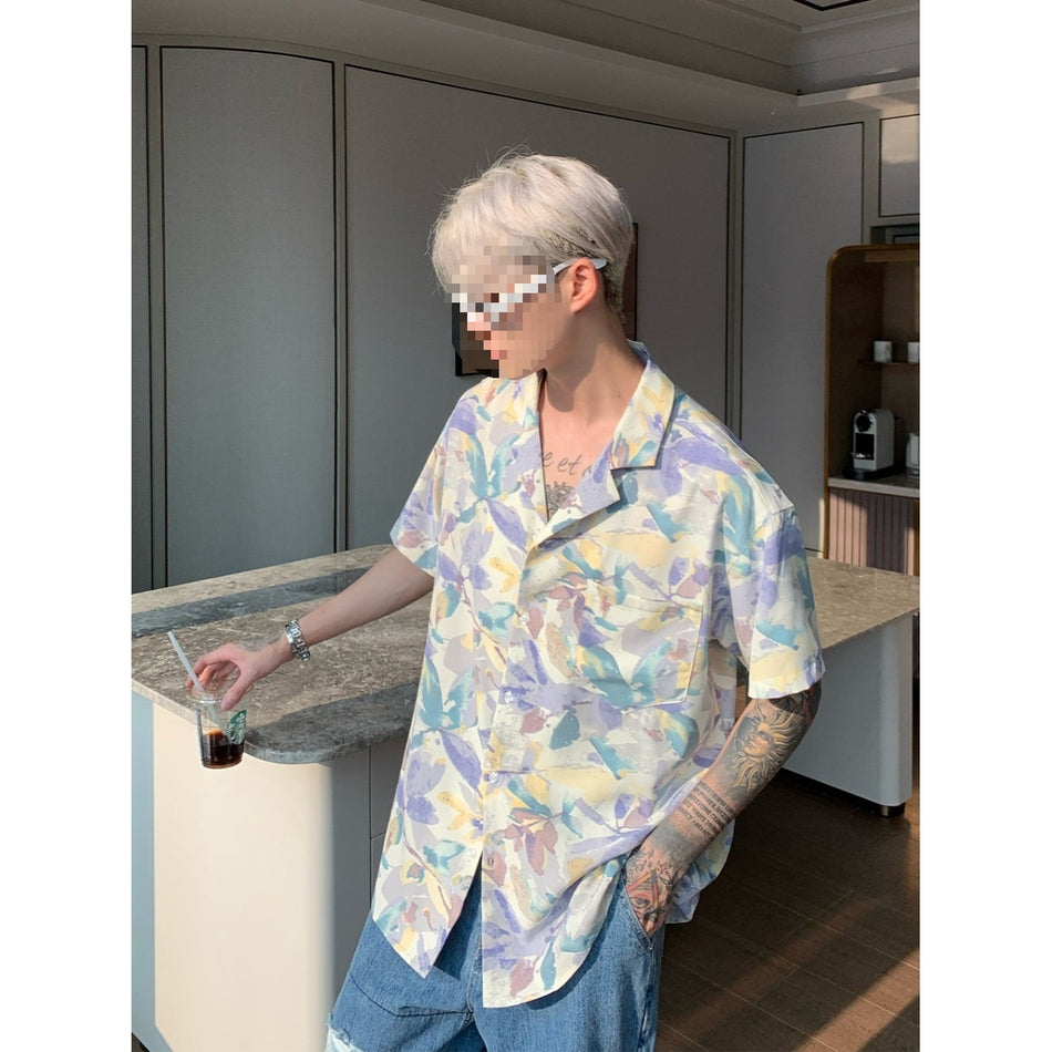 Cuban Collar Floral Shirt Men All Over Print Summer Vacation Wear
