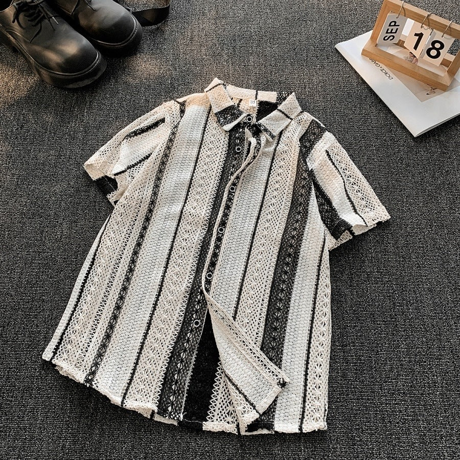 Retro Striped Knitted Hollow Out Shirt Men Loose Summer Short Sleeve