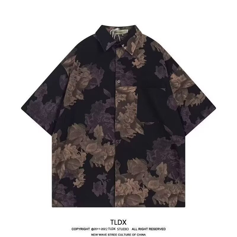 Black Floral Hawaiian Shirt Men Ruffle Short Sleeve Casual Summer