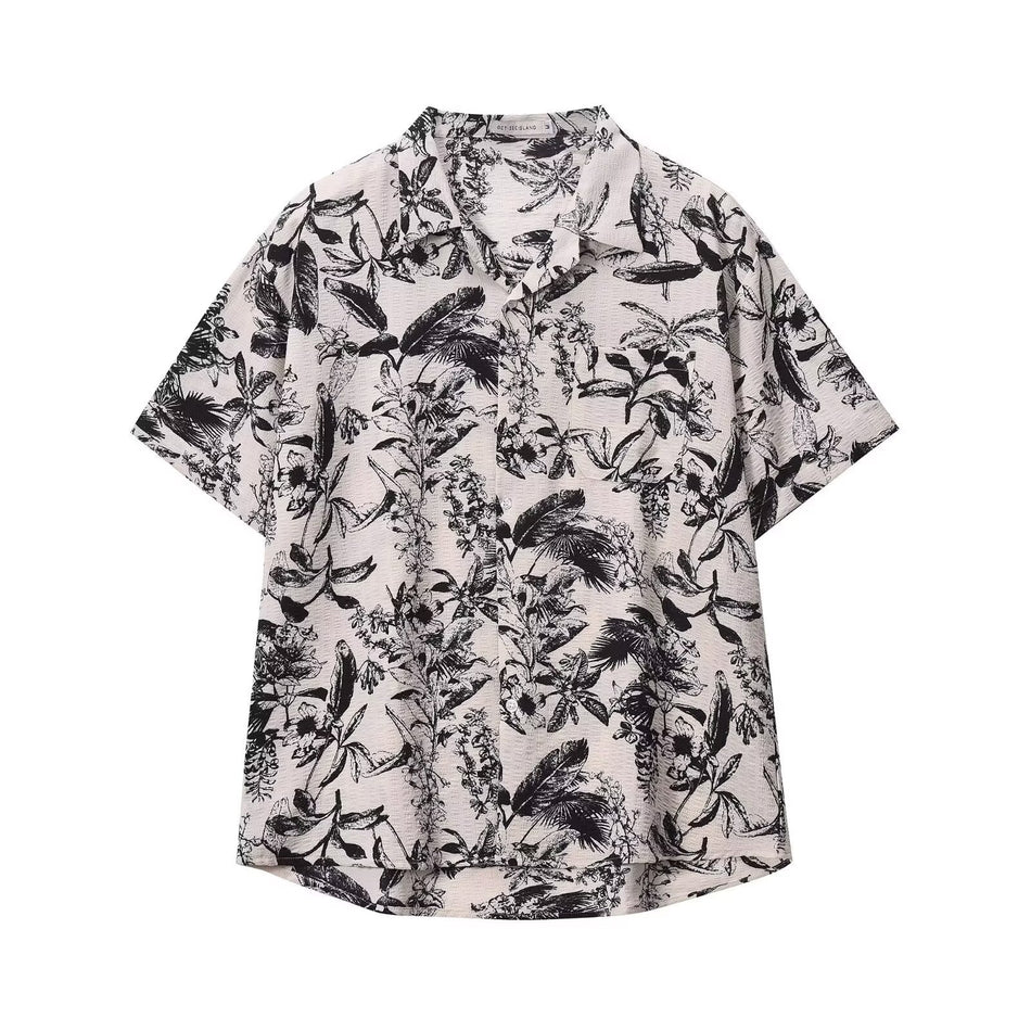 Cuban Collar Draping Shirt Men Retro Casual Short Sleeve Summer Wear