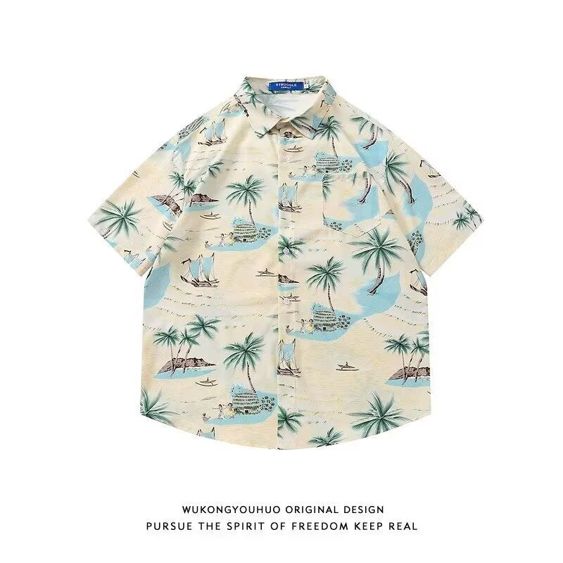 Ice Silk Coconut Tree Floral Shirt Men Loose Hawaiian Summer