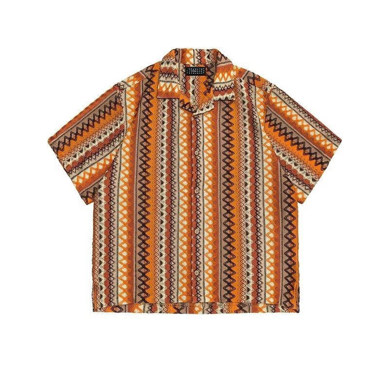 Yellow Cuban Collar Ice Silk Printed Shirt Men Summer Short Sleeve
