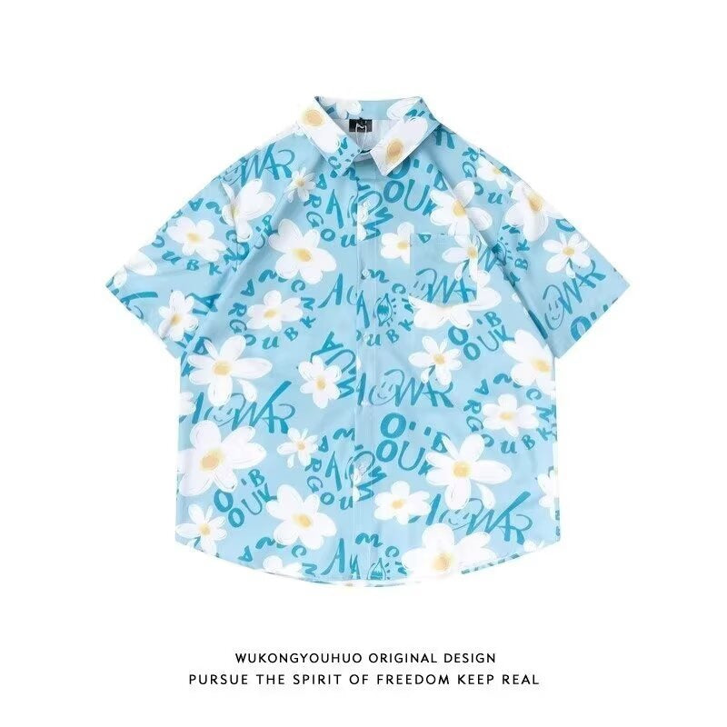 Floral Hawaiian Shirt Men Short Sleeve Summer Casual Loose Fit