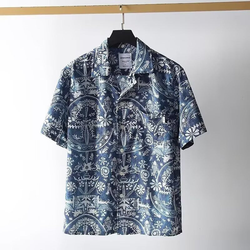 Blue Retro Cuban Collar Shirt Men Full Print Short Sleeve Casual Wear