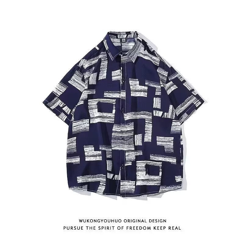 Ice Silk Floral Hawaiian Shirt Men Loose Fit Summer Beach Wear