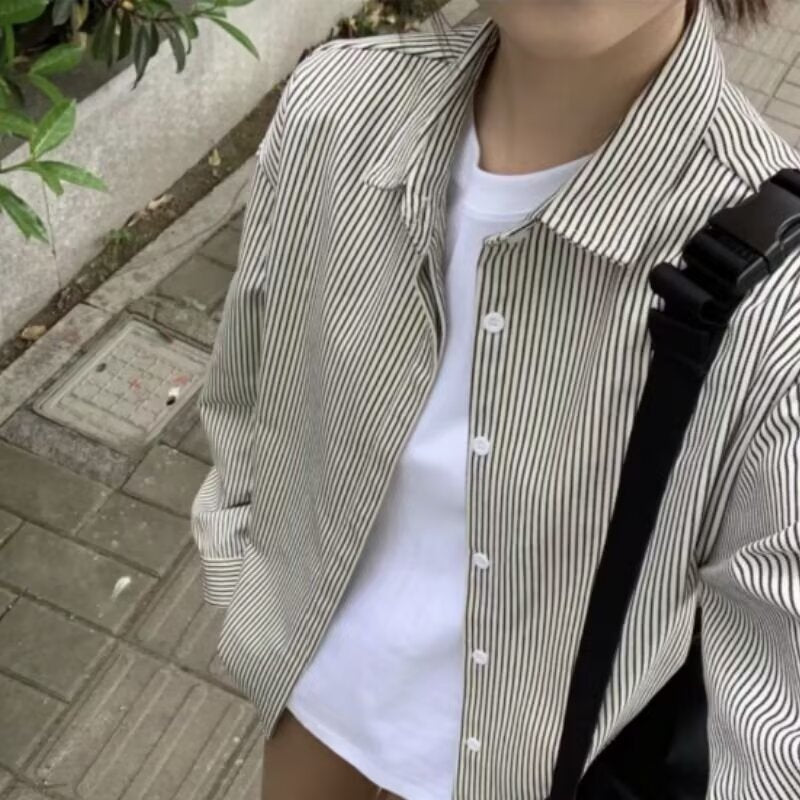 Black White Striped Long Sleeve Shirt Men Loose Casual Spring Autumn Wear