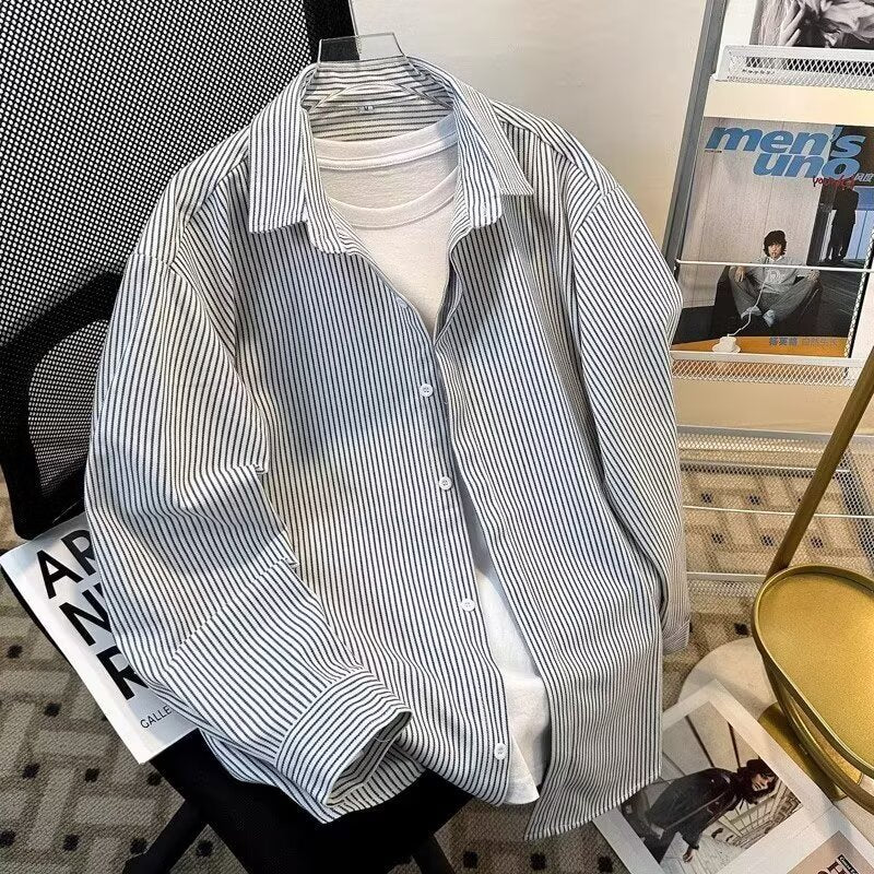 Japanese Hong Kong Style Striped Long Sleeve Shirt Men Casual Loose Shirt