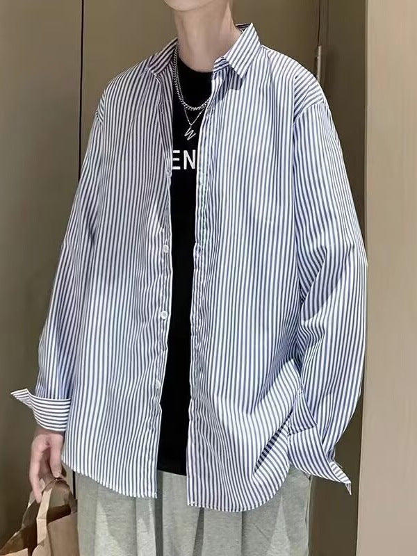 Blue White Striped Long Sleeve Shirt Men Japanese Hong Kong Style Casual Jacket