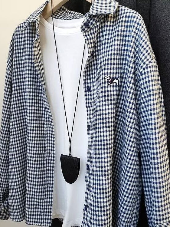 Embroidered Plaid Shirt Women Soft Wax Retro Loose Long Sleeve Top