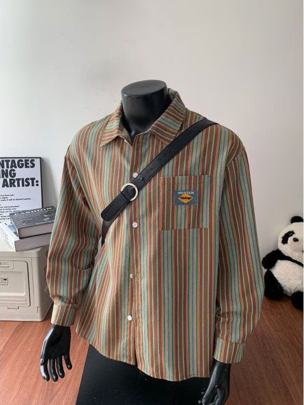 Retro Vertical Striped Long Sleeve Shirt Unisex Casual Cardigan Jacket