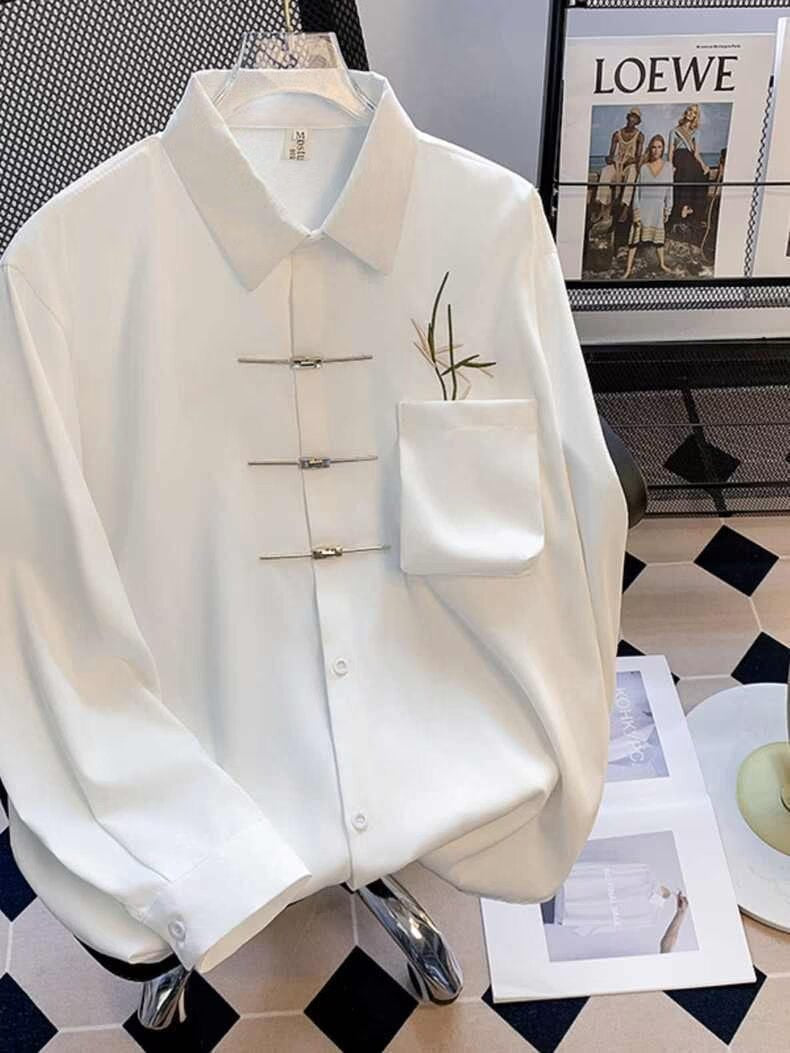 Chinese Style Embroidered Long Sleeve Shirt Men Loose Casual Spring Autumn Wear