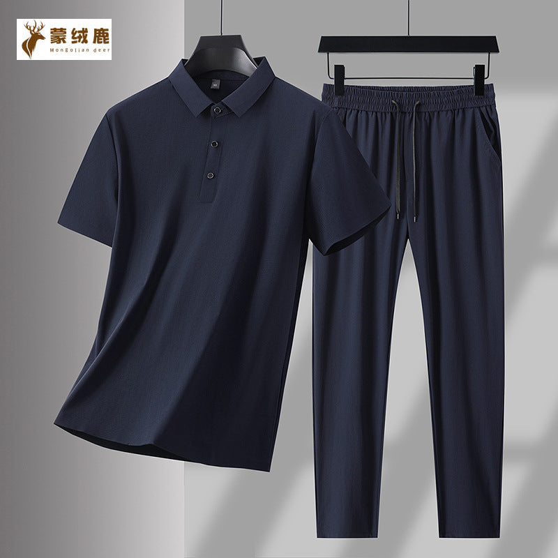 Men's Ice Silk Sports Suit Short Sleeve Casual Summer Two-Piece Set