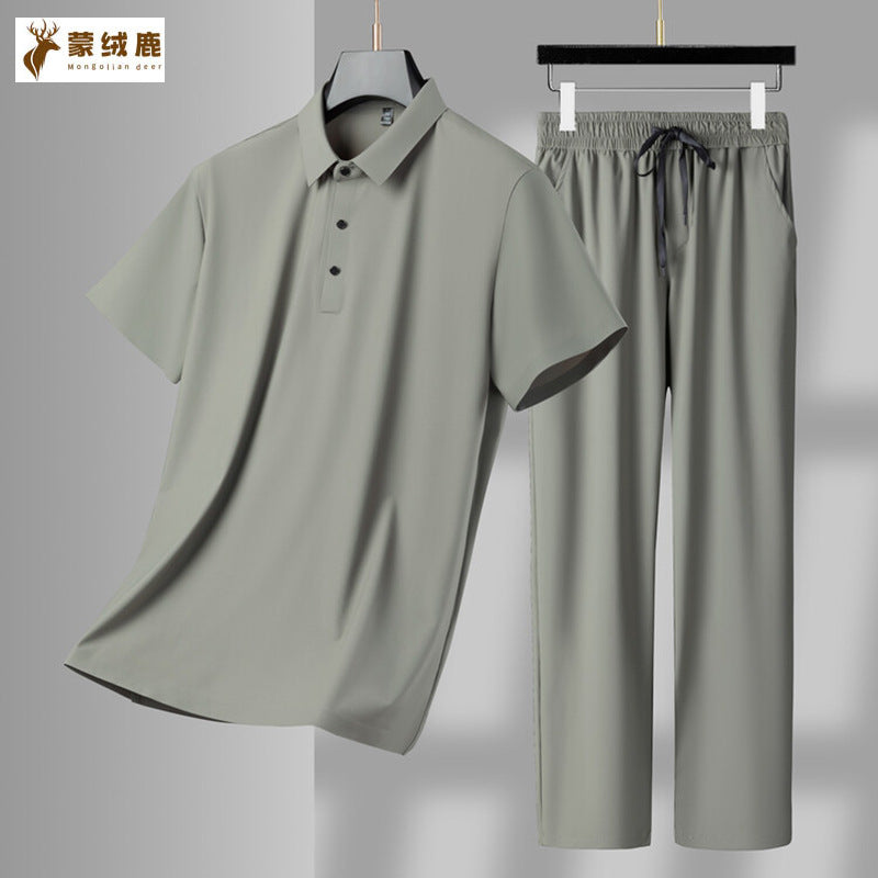 Men's Ice Silk Short-Sleeved Polo Shirt and Trousers Suit