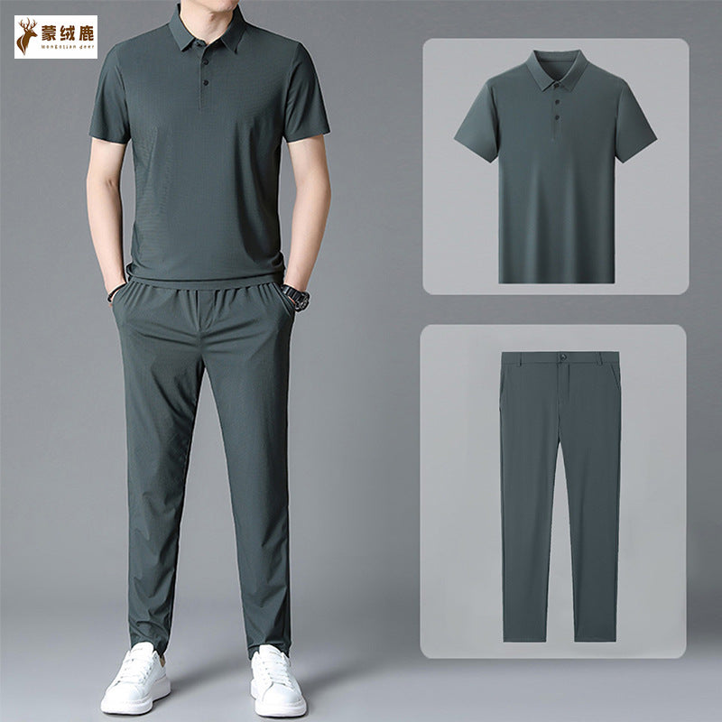 Title: Men's No-Iron Ice Silk Polo Shirt and Belted Trousers Suit