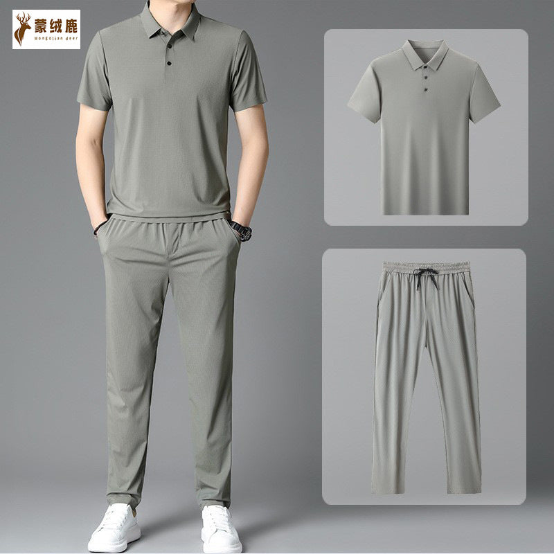 Men's Ice Silk Lapel Casual Suit with Lace-Up Trousers