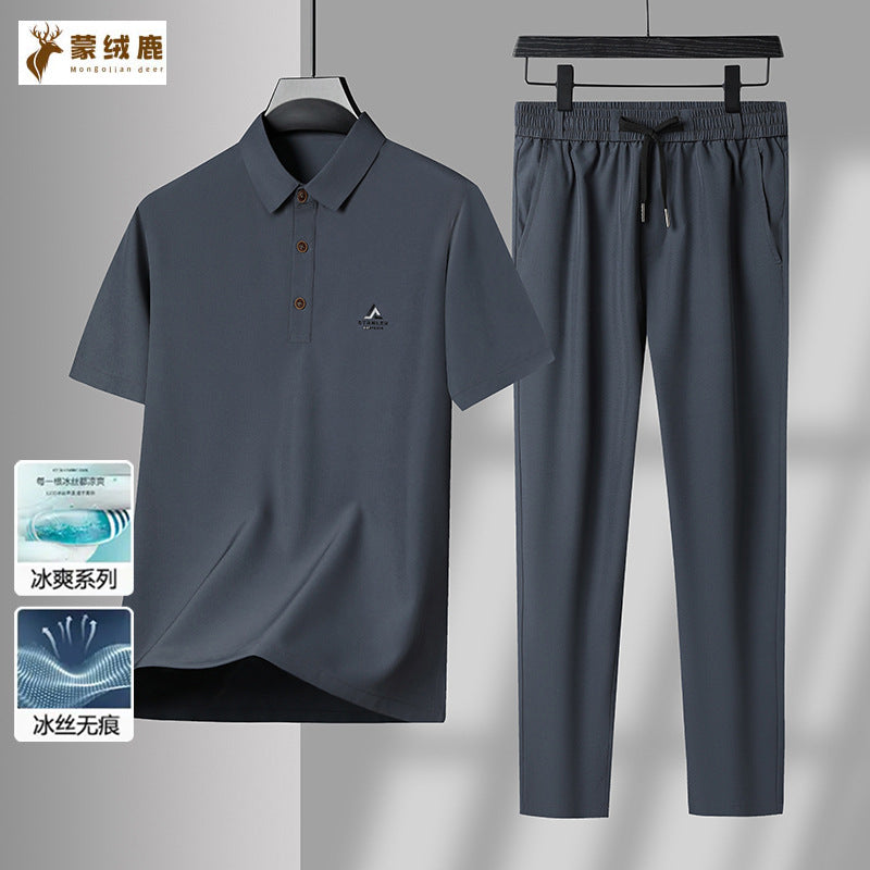 Men's Ice Silk Short-Sleeved Polo and Trousers Suit