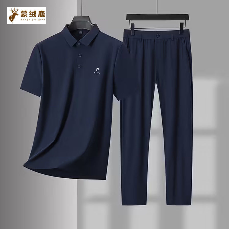 Men's Summer Ice Silk Short-Sleeved Polo Trousers Suit