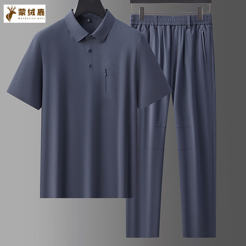 Men's Seamless Milk Silk Polo Shirt and Trousers Suit