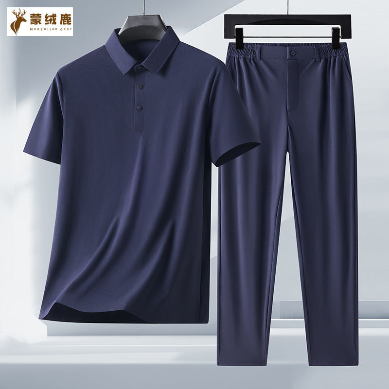 Men's Ice Silk Short-Sleeved Polo and Trousers Suit