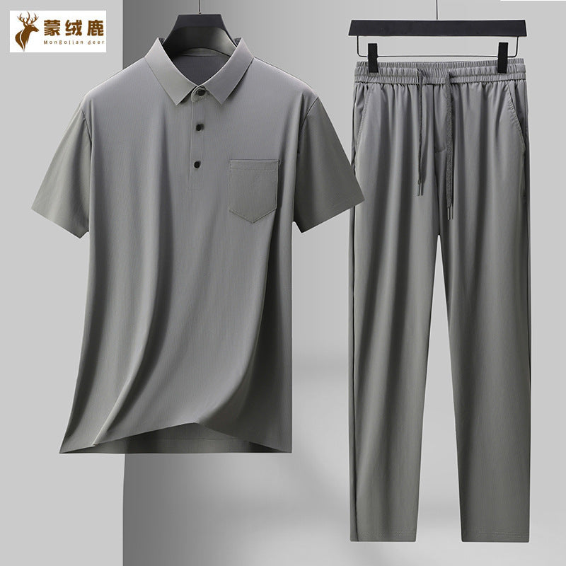 Men's Luxury Mulberry Silk Ice Silk T-Shirt and Trousers Suit