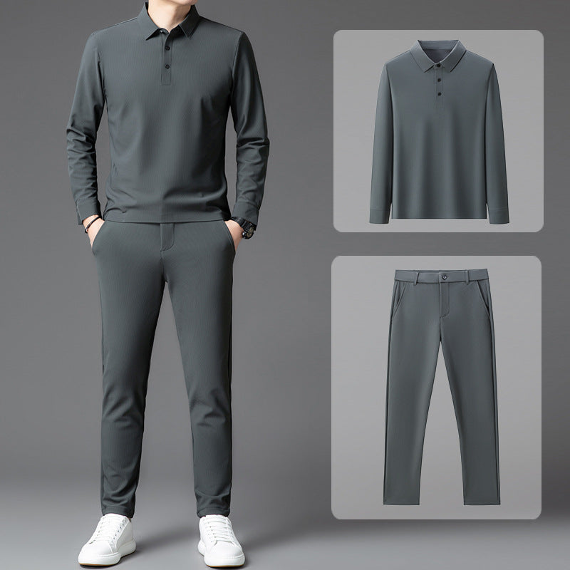 Men's Casual Long-Sleeve Trousers Sports Suit with Belt