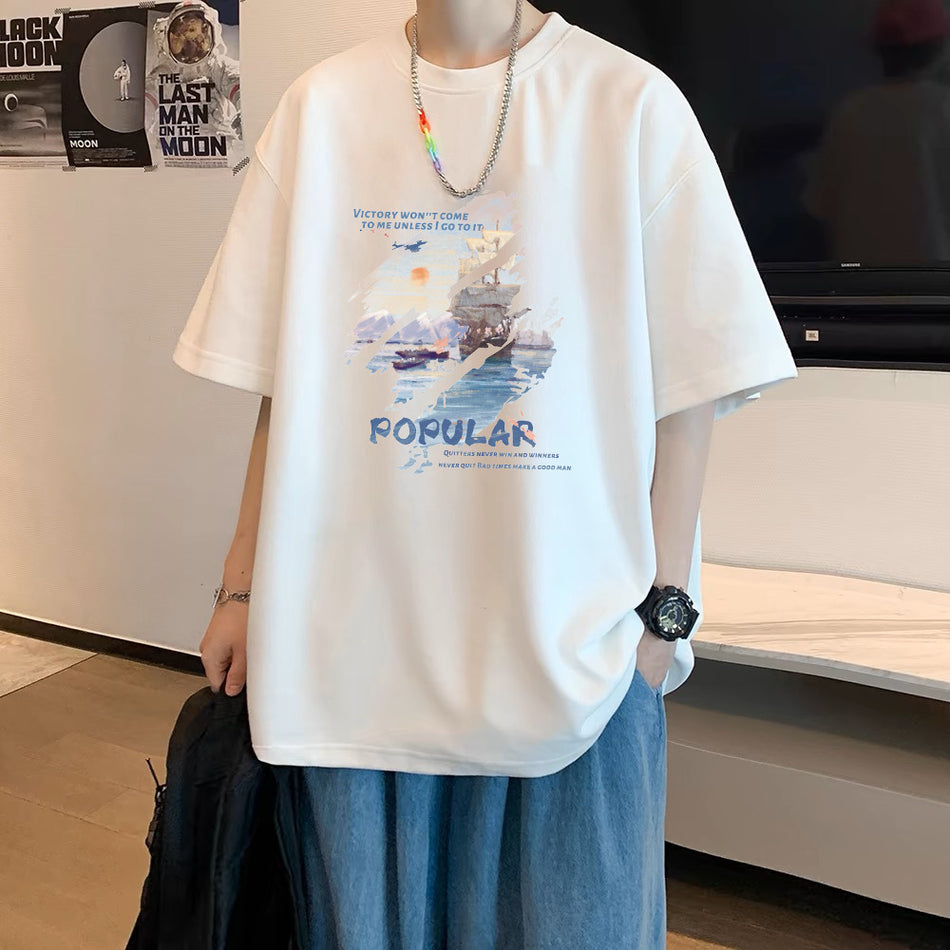 Men's Combed Cotton Graphic T-Shirt Loose Fit Casual Tee
