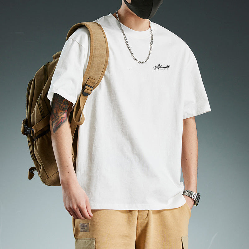 Men's Heavyweight Cotton Graphic T-Shirt Loose Fit Crew Neck
