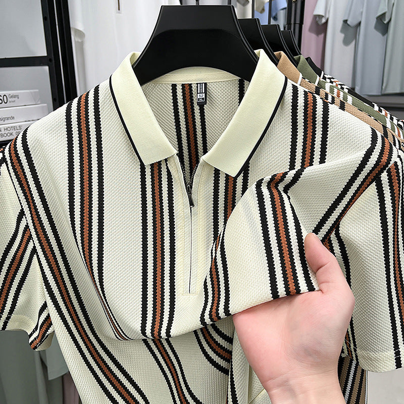 Men's Half-Zip Striped Polo Shirt Breathable Summer Comfort