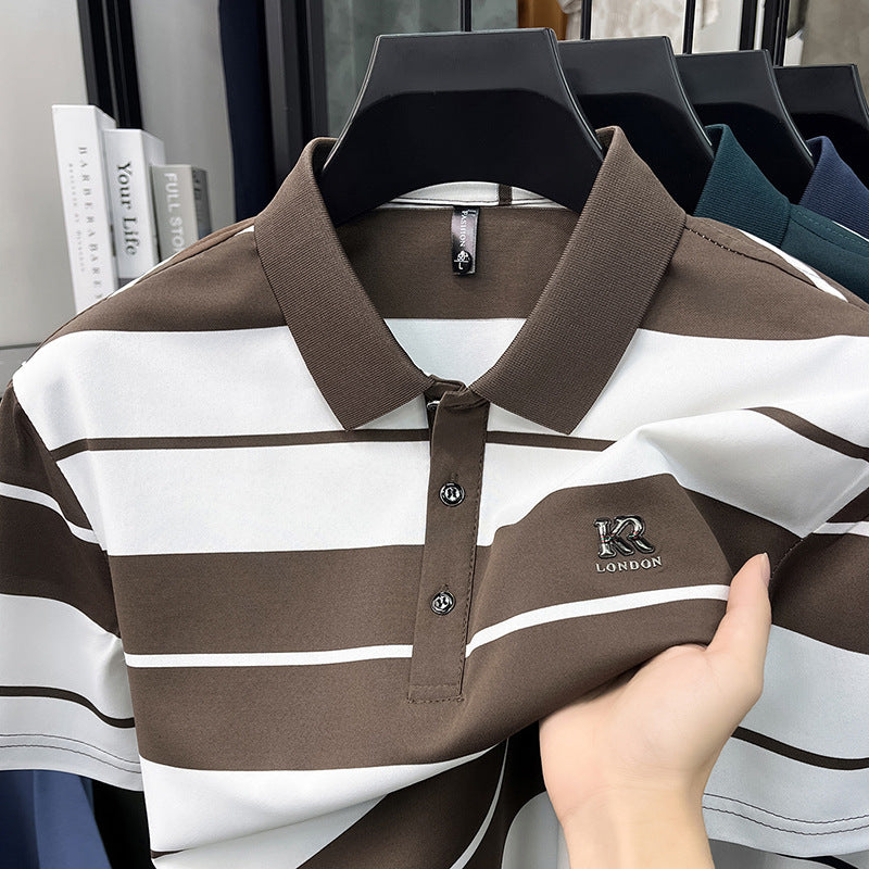 Men's Striped Ice Silk Polo Shirt Breathable Summer Comfort
