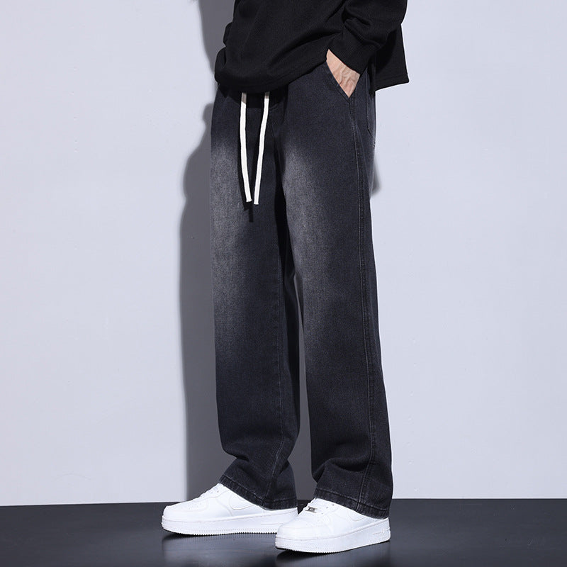 Men's Black & Gray Wide-Leg Straight Jeans Casual Denim Pants