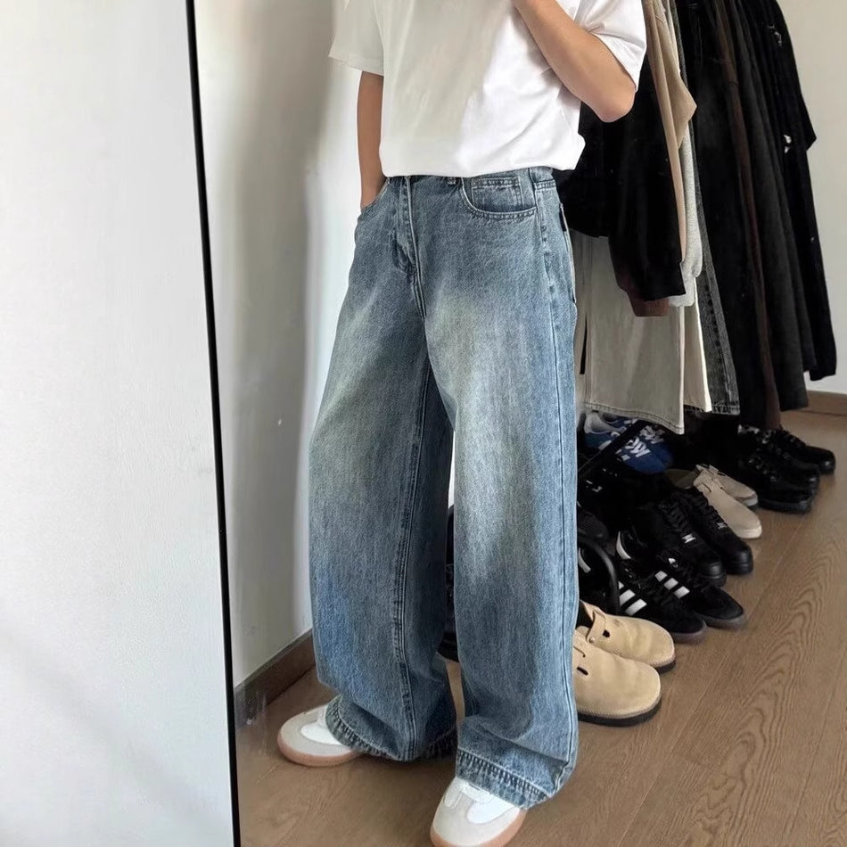 Retro Washed Straight-Leg Jeans Unisex Casual Denim Pants