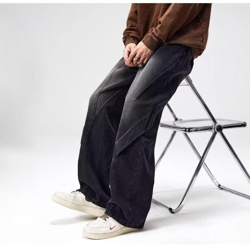 Men's Deconstructed Wide-Leg Straight Jeans Casual Denim Pants