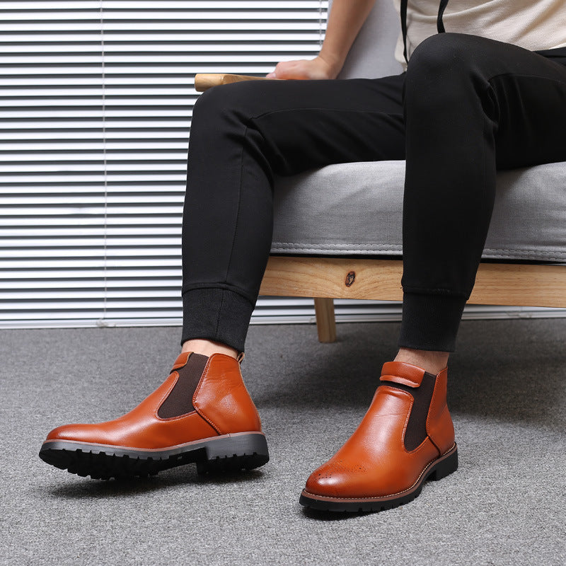 Men's Leather Chelsea Boots Slip-On High-Top British Style