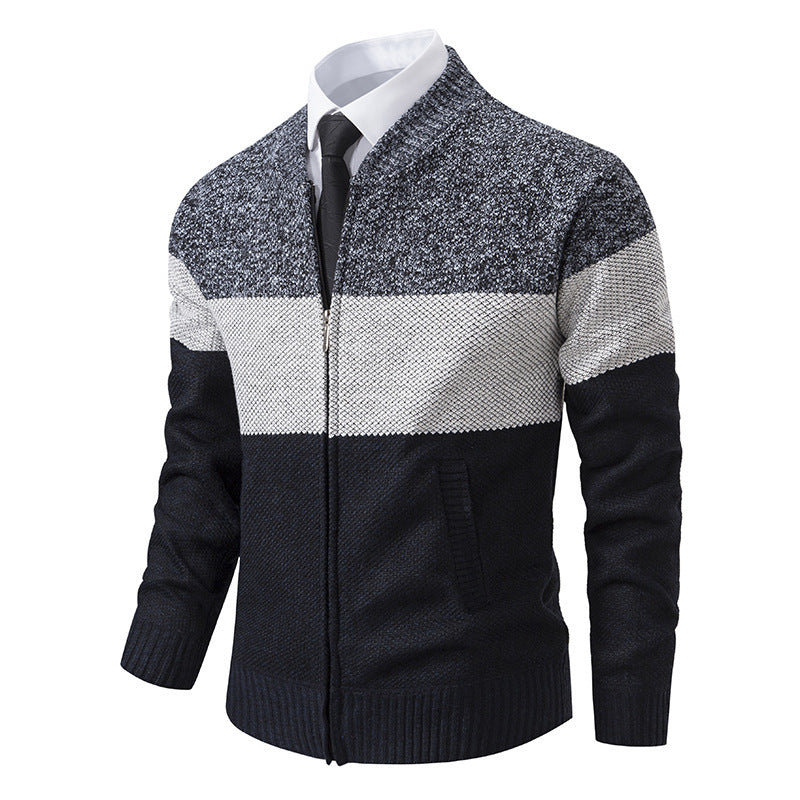 Men's Fleece-Lined Knit Cardigan Jacket Stand Collar Sweater