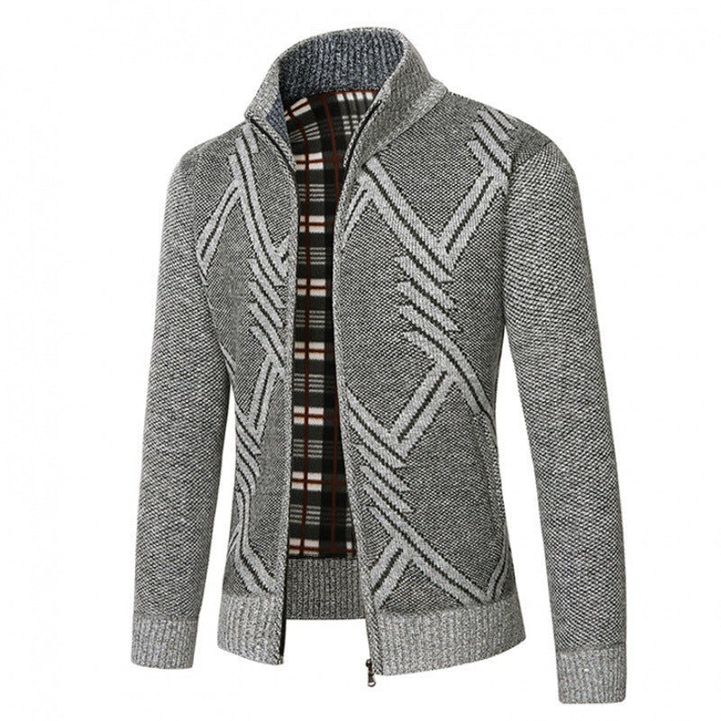 Men's Fleece-Lined Diamond Knit Zip Cardigan Sweater Jacket