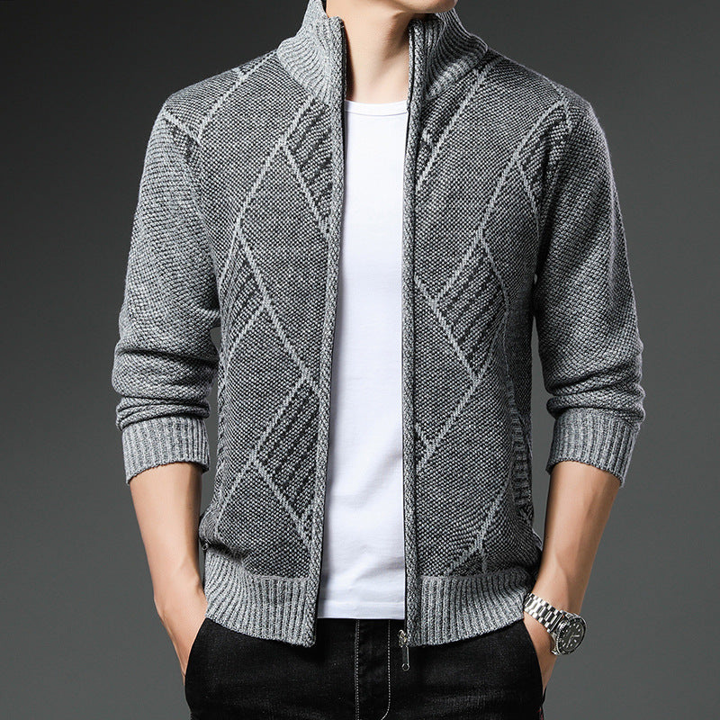 Men's Fleece-Lined Knit Cardigan Jacket Striped Stand Collar