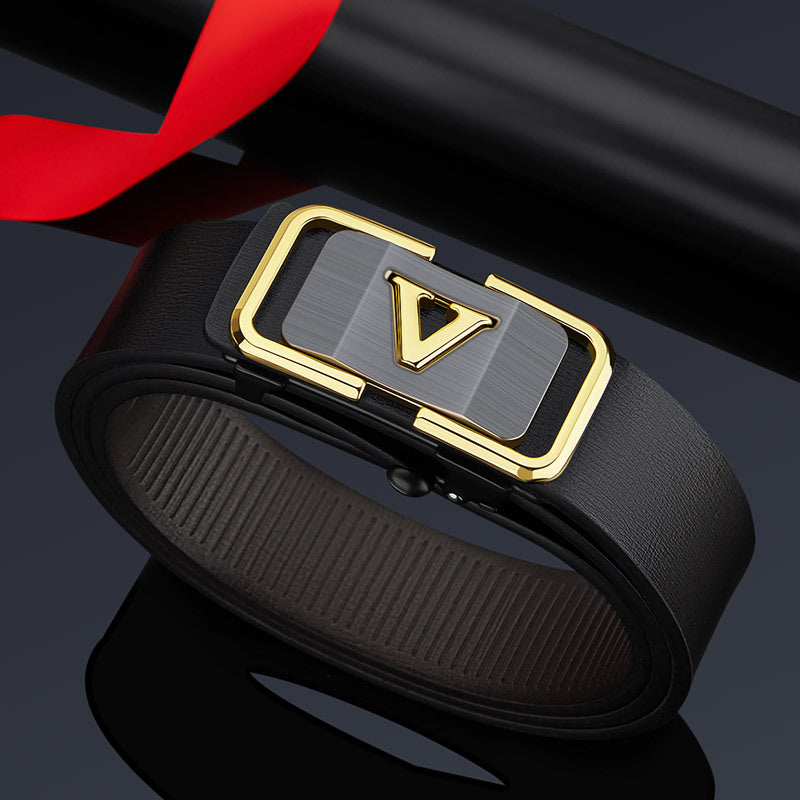William Polo Men's Genuine Leather Automatic Buckle Belt – Casual Business Letter Design Waist Belt