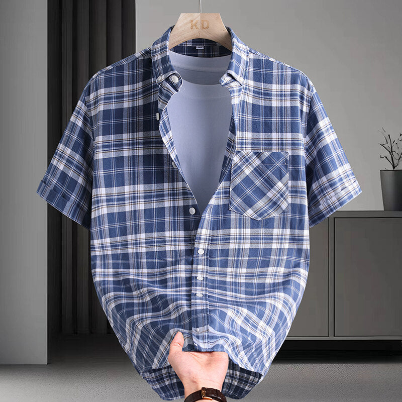 2025 Men's Plaid Short Sleeve Shirt – Summer Casual Loose Fit Cotton Button-Up Shirt