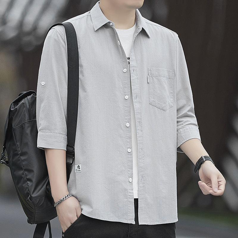 2026 Hong Kong Style Men’s Long-Staple Cotton Shirt – 100% Pure Cotton Summer Three-Quarter Sleeve Pocket Casual Shirt