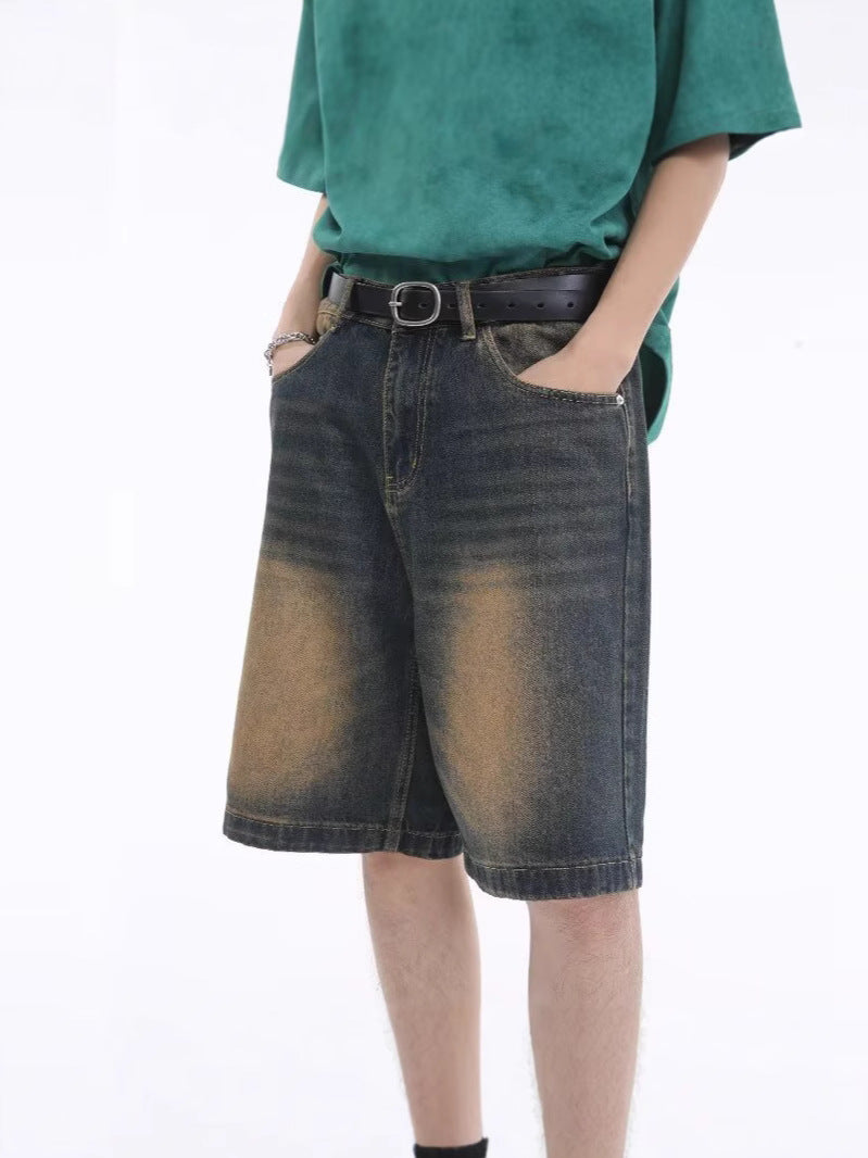 Vintage Washed Denim Shorts Men's Straight Fit Retro Style