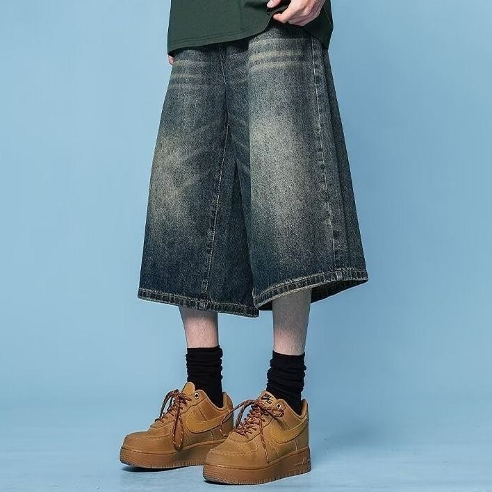 Vintage Washed Blue Loose Straight Fit Men's Denim Shorts