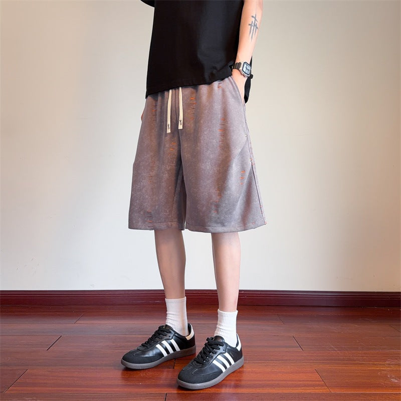 Washed Vintage Distressed Shorts for Men Loose Wide-Leg Fit