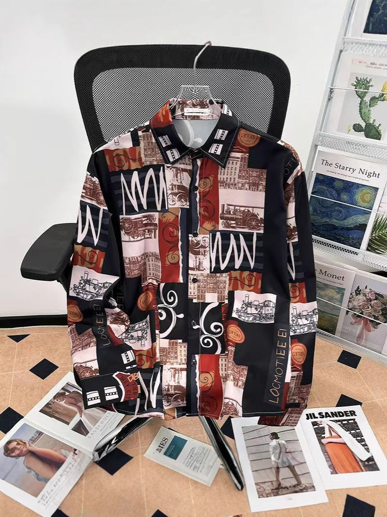 Vintage Hong Kong-Style Printed Shirt with Relaxed Loose Fit